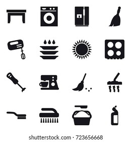 16 vector icon set : table, washing machine, fridge, broom, mixer, plate washing, broom, vacuum cleaner, brush, brush, washing powder, toilet cleanser