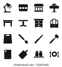16 vector icon set : table lamp, market, market, restaurant, table, table, nightstand, dresser, cutting board, big spoon, knife, meat hammer, cutting board, cutting board