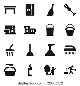 16 vector icon set : table, fridge, broom, bucket, bucket, vacuum cleaner, plunger, plunger, brush, washing powder, toilet cleanser, garden cleaning, vacuum cleaner