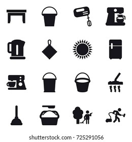 16 vector icon set : table, bucket, mixer, coffee maker, kettle, rag, vacuum cleaner, plunger, washing powder, garden cleaning