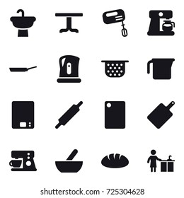 16 vector icon set : table, mixer, coffee maker, pan, kettle, colander, measuring cup, kitchen scales, rolling pin, cutting board, mortar, bread, kitchen cleaning