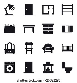 16 vector icon set : table lamp, door, plan, curtain, table, chest of drawers, wardrobe, dresser, chair, armchair, crib, washing machine, fireplace, toilet
