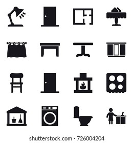 16 vector icon set : table lamp, door, plan, restaurant, curtain, table, wardrobe, chair, fireplace, utility room, washing machine, toilet, kitchen cleaning