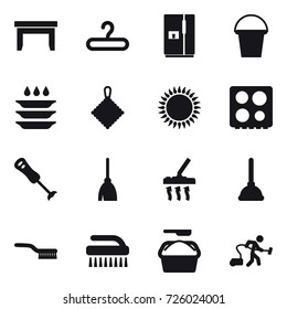 16 vector icon set : table, hanger, fridge, bucket, plate washing, rag, broom, vacuum cleaner, plunger, brush, washing powder