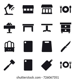 16 vector icon set : table lamp, market, cafe, restaurant, table, nightstand, dresser, cutting board, knife, meat hammer
