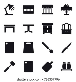 16 vector icon set : table lamp, market, restaurant, table, nightstand, dresser, cutting board, big spoon, knife, meat hammer