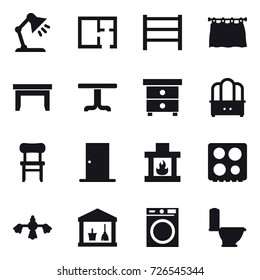 16 vector icon set : table lamp, plan, curtain, table, nightstand, dresser, chair, door, fireplace, hard reach place cleaning, utility room, washing machine, toilet
