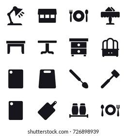 16 vector icon set : table lamp, market, cafe, restaurant, table, nightstand, dresser, cutting board, big spoon, meat hammer