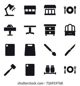 16 vector icon set : table lamp, market, cafe, restaurant, table, nightstand, dresser, cutting board, big spoon, knife, meat hammer