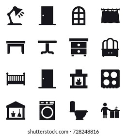 16 vector icon set : table lamp, door, arch window, curtain, table, nightstand, dresser, crib, fireplace, utility room, washing machine, toilet, kitchen cleaning