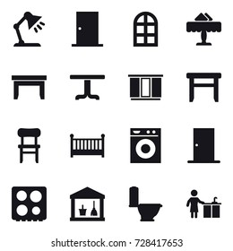 16 vector icon set : table lamp, door, arch window, restaurant, table, wardrobe, stool, chair, crib, washing machine, utility room, toilet, kitchen cleaning