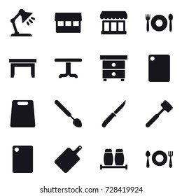 16 vector icon set : table lamp, market, cafe, table, nightstand, cutting board, big spoon, knife, meat hammer