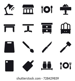 16 vector icon set : table lamp, market, cafe, restaurant, table, nightstand, dresser, cutting board, big spoon, knife, meat hammer