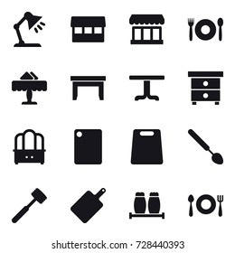 16 vector icon set : table lamp, market, cafe, restaurant, table, nightstand, dresser, cutting board, big spoon, meat hammer