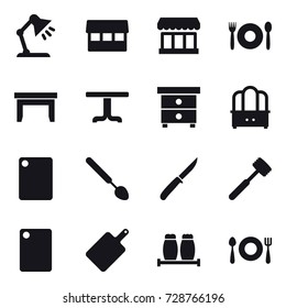16 vector icon set : table lamp, market, cafe, table, nightstand, dresser, cutting board, big spoon, knife, meat hammer