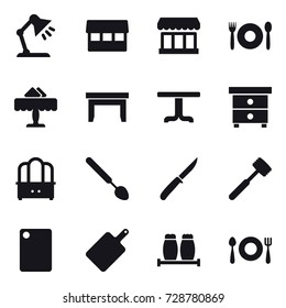 16 vector icon set : table lamp, market, cafe, restaurant, table, nightstand, dresser, big spoon, knife, meat hammer, cutting board