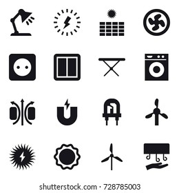 16 vector icon set : table lamp, lightning, sun power, cooler fan, power socket, power switch, iron board, washing machine, windmill, hand dryer