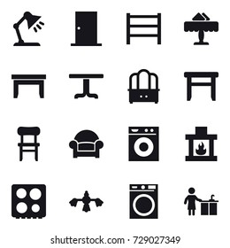 16 vector icon set : table lamp, door, restaurant, table, dresser, stool, chair, armchair, washing machine, fireplace, hard reach place cleaning, kitchen cleaning