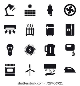 16 vector icon set : table lamp, sun power, spark plug, cooler fan, air conditioning, radiator, fridge, kettle, windmill, hand dryer, iron