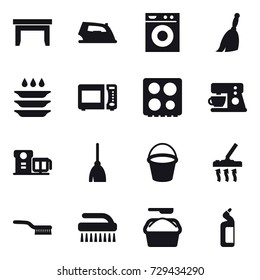 16 vector icon set : table, iron, washing machine, broom, plate washing, bucket, vacuum cleaner, brush, washing powder, toilet cleanser