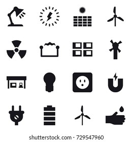 16 vector icon set : table lamp, lightning, sun power, windmill, nuclear, electrostatic, panel house, gas station, bulb, power socket, hand drop