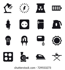 16 vector icon set : table lamp, lightning, nuclear power, battery, spark plug, power socket, fridge, kettle, water pump, iron, iron board