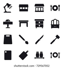 16 vector icon set : table lamp, market, cafe, restaurant, table, nightstand, dresser, cutting board, big spoon, knife, meat hammer