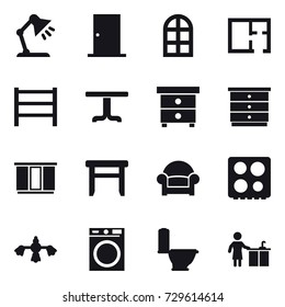 16 vector icon set : table lamp, door, arch window, plan, table, nightstand, chest of drawers, wardrobe, stool, armchair, hard reach place cleaning, washing machine, toilet, kitchen cleaning