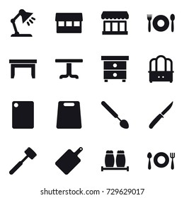 16 vector icon set : table lamp, market, cafe, table, nightstand, dresser, cutting board, big spoon, knife, meat hammer