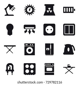 16 vector icon set : table lamp, sun power, nuclear power, battery, bulb, air conditioning, power socket, power switch, iron board, washing machine, fridge, kettle
