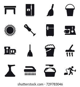 16 vector icon set : table, fridge, broom, bucket, foam bucket, vacuum cleaner, plunger, brush, washing powder