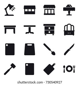 16 vector icon set : table lamp, market, restaurant, table, nightstand, dresser, cutting board, big spoon, knife, meat hammer