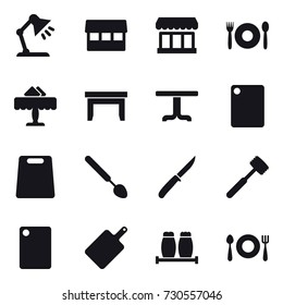 16 vector icon set : table lamp, market, cafe, restaurant, table, cutting board, big spoon, knife, meat hammer