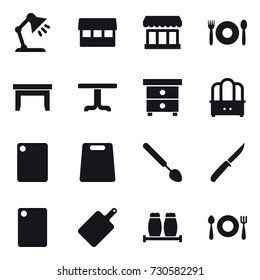 16 vector icon set : table lamp, market, cafe, table, nightstand, dresser, cutting board, big spoon, knife