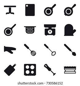 16 vector icon set : table, cutting board, pan, colander, kitchen scales, cook glove, whisk, big spoon, sponge