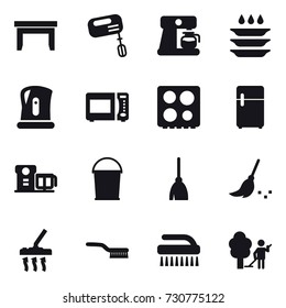 16 vector icon set : table, mixer, coffee maker, plate washing, kettle, bucket, broom, vacuum cleaner, brush, garden cleaning