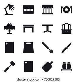 16 vector icon set : table lamp, market, cafe, restaurant, table, dresser, cutting board, big spoon, knife, meat hammer