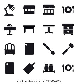 16 vector icon set : table lamp, market, cafe, restaurant, table, nightstand, dresser, cutting board, big spoon, meat hammer