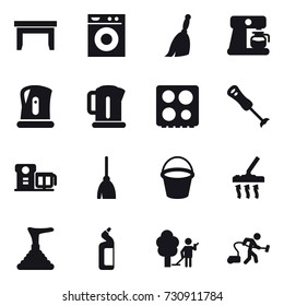 16 vector icon set : table, washing machine, broom, coffee maker, kettle, bucket, vacuum cleaner, plunger, toilet cleanser, garden cleaning