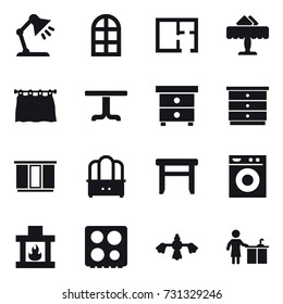 16 vector icon set : table lamp, arch window, plan, restaurant, curtain, table, nightstand, chest of drawers, wardrobe, dresser, stool, washing machine, fireplace, hard reach place cleaning