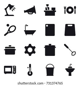 16 vector icon set : table lamp, loudspeaker, cafe, tennis, bath, cutting board, pan, whisk, thermometer, bucket, water tap sink