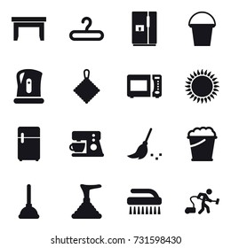 16 vector icon set : table, hanger, fridge, bucket, kettle, rag, broom, foam bucket, plunger, brush, vacuum cleaner