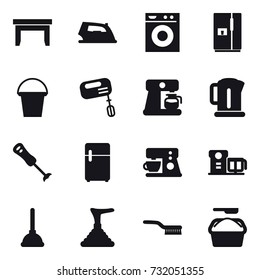 16 vector icon set : table, iron, washing machine, fridge, bucket, mixer, coffee maker, kettle, plunger, brush, washing powder