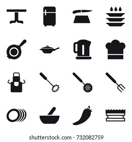 16 vector icon set : table, fridge, cutting board, plate washing, pan, kettle, cook hat, apron, whisk, skimmer, big fork, mortar, hot pepper, sponge