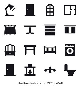 16 vector icon set : table lamp, door, arch window, plan, curtain, table, chest of drawers, wardrobe, dresser, stool, crib, washing machine, fireplace, hard reach place cleaning, toilet