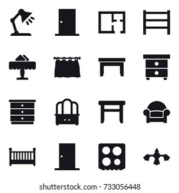 16 vector icon set : table lamp, door, plan, restaurant, curtain, table, nightstand, chest of drawers, dresser, stool, armchair, crib, hard reach place cleaning