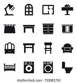 16 vector icon set : table lamp, arch window, plan, restaurant, curtain, table, chest of drawers, wardrobe, dresser, stool, chair, armchair, crib, washing machine, toilet