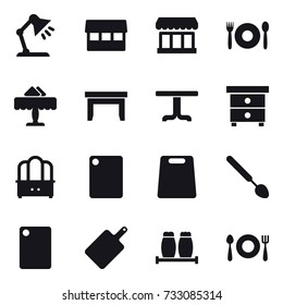 16 vector icon set : table lamp, market, cafe, restaurant, table, nightstand, dresser, cutting board, big spoon