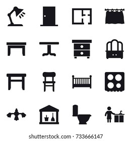 16 vector icon set : table lamp, door, plan, curtain, table, nightstand, dresser, stool, chair, crib, hard reach place cleaning, utility room, toilet, kitchen cleaning