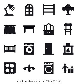 16 vector icon set : table lamp, arch window, restaurant, curtain, table, dresser, chair, crib, washing machine, door, fireplace, hard reach place cleaning, kitchen cleaning